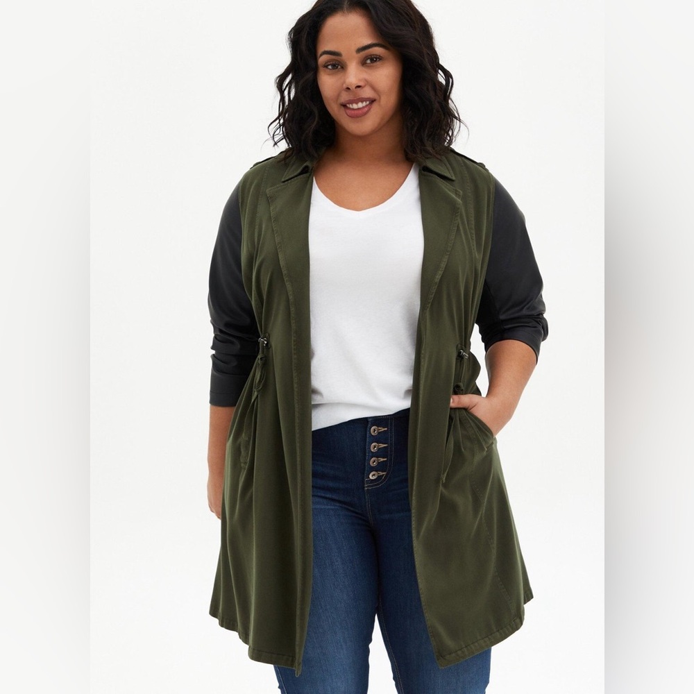 [2x] Torrid Olive Green Utility Jacket Longline Draped Coat Faux Leather Anorak